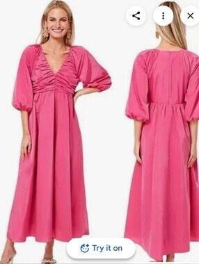 Hyacinth House Fuschia Gia Puff Sleeve Formal Maxi Dress Size M NWT